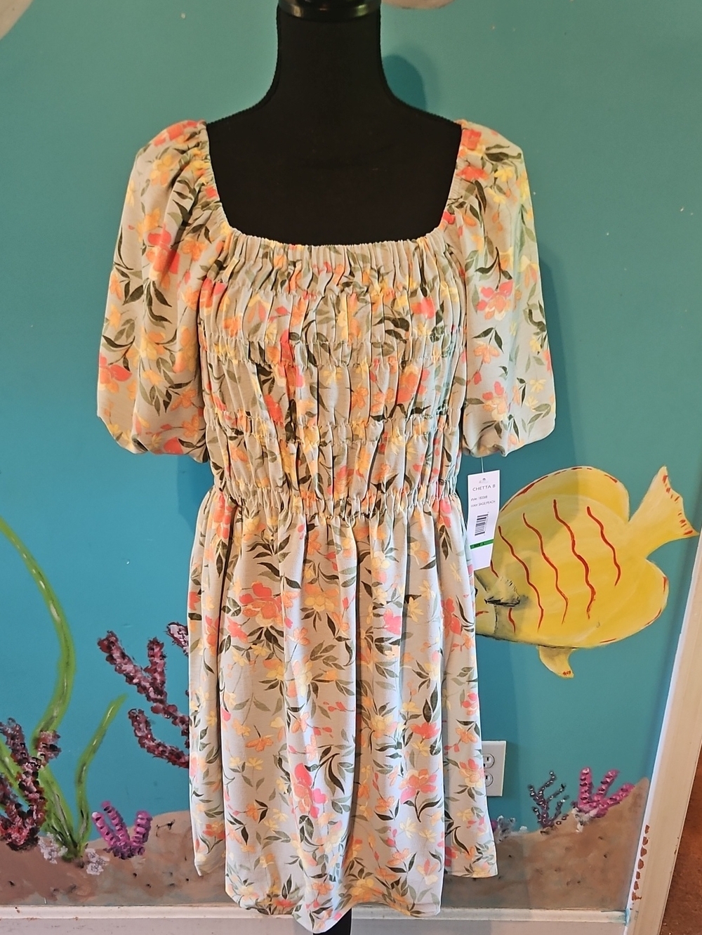 Chetta B Green Dress with Peach Floral Print